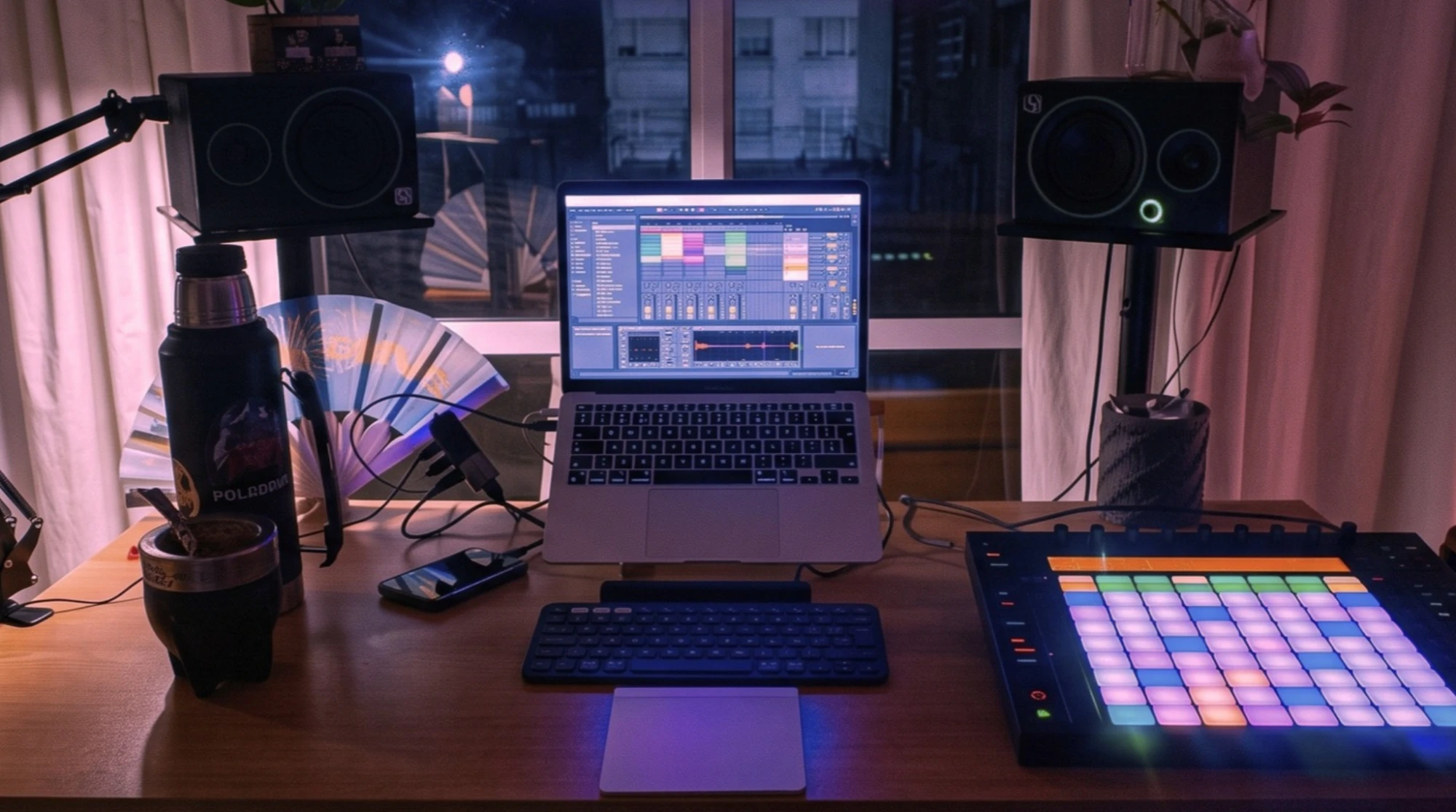 El estudio de Manu Pavez: monitores, laptop con Ableton y controlador Push